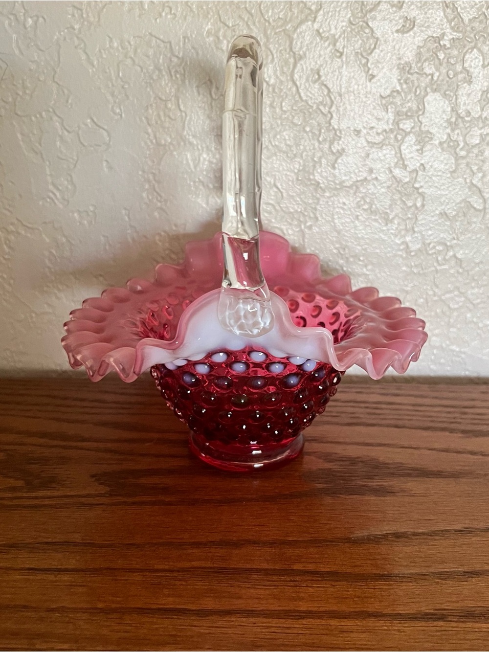 Vintage Fenton Cranberry Opalescent Hobnail Basket